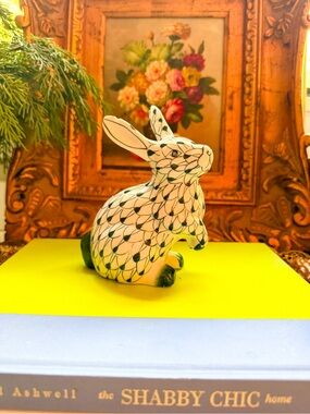 Green Patterned Ceramic Bunny Figurine - Decorative Home Art